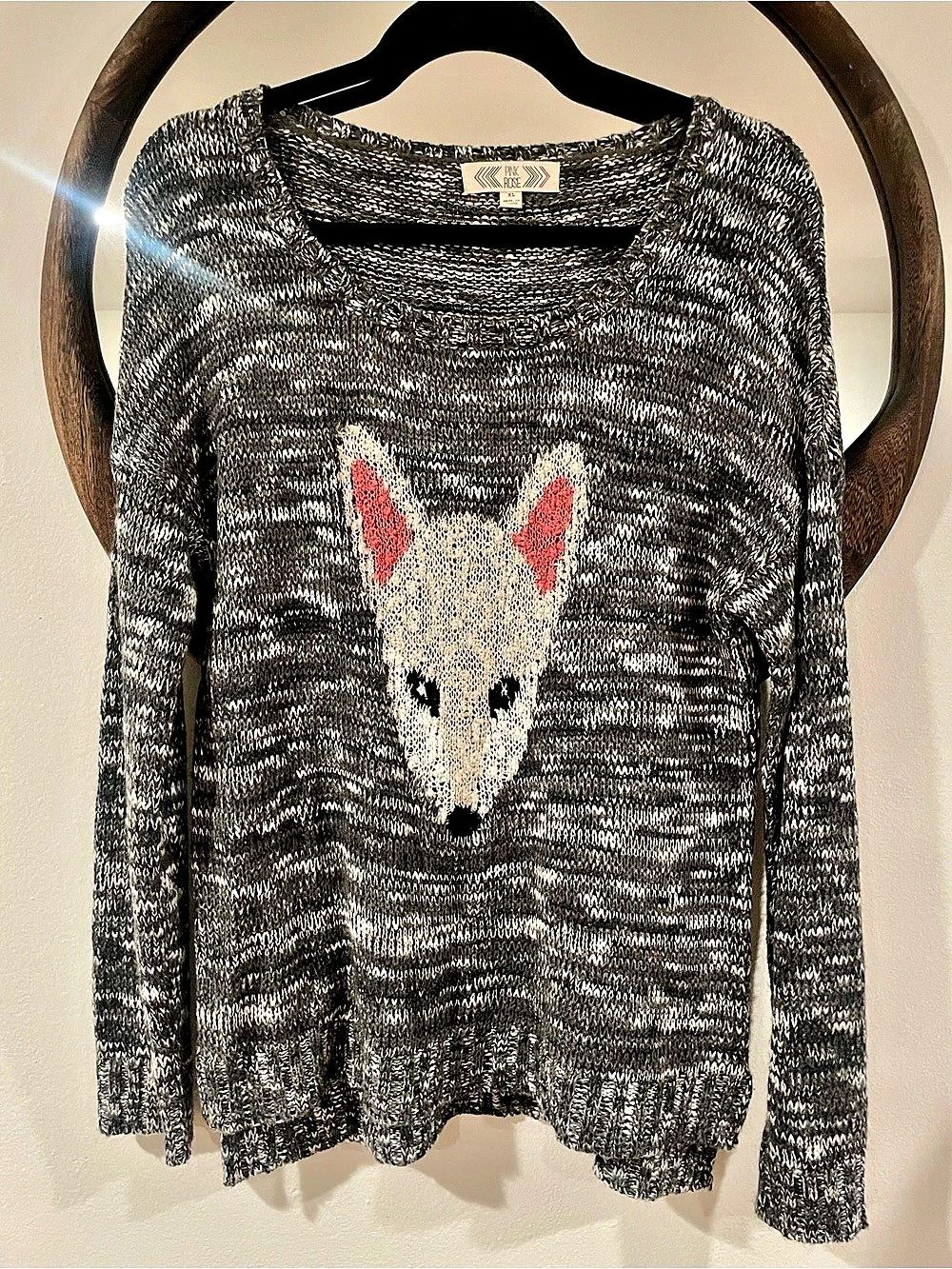 Pink Rose Fox Graphic Knit Sweater Gray & White XL